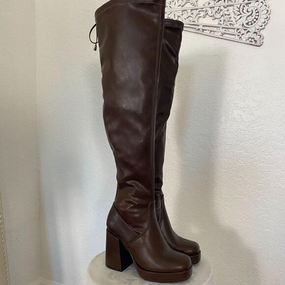 NEW Top Moda Dark Brown Dover Chunky Sexy Thigh High Platform Boots US 8 - Picture 4 of 8